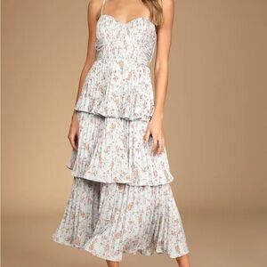 NWT Lulus - Cascading Crush Pale Blue Floral Print Tiered Bustier Midi Dress